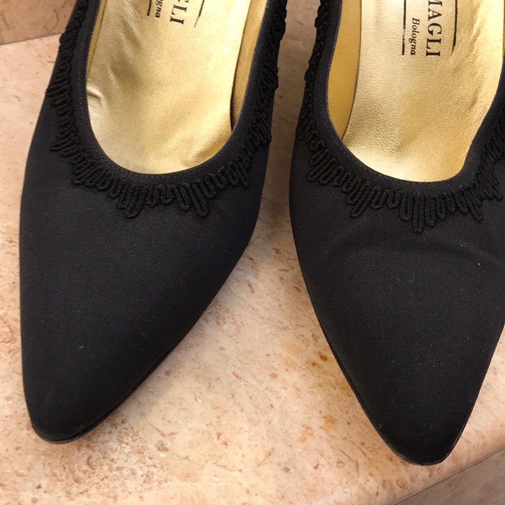 Bruno Magli silk evening pumps.
